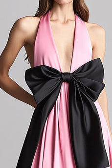 Pink Halter Satin Long Formal Dress with Bow