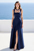 Load image into Gallery viewer, Navy Satin A Line Square Neck Long Formal Dress with Slit