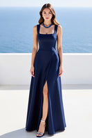 Load image into Gallery viewer, Navy Satin A Line Square Neck Long Formal Dress with Slit