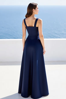 Navy Satin A Line Square Neck Long Formal Dress with Slit