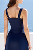 Load image into Gallery viewer, Navy Satin A Line Square Neck Long Formal Dress with Slit