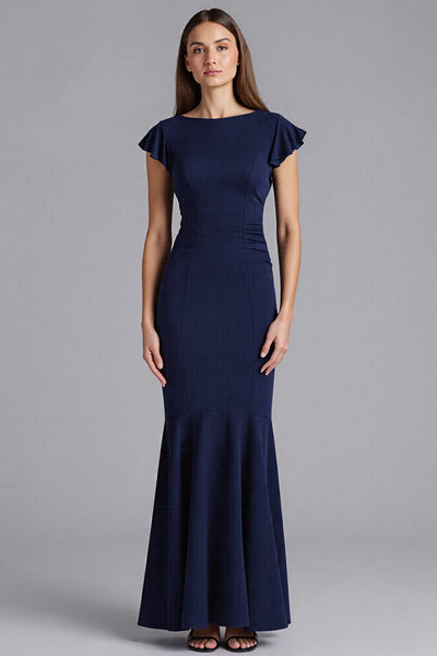 Navy Ruffled Sheath Short Sleeves Satin Long Formal Dress