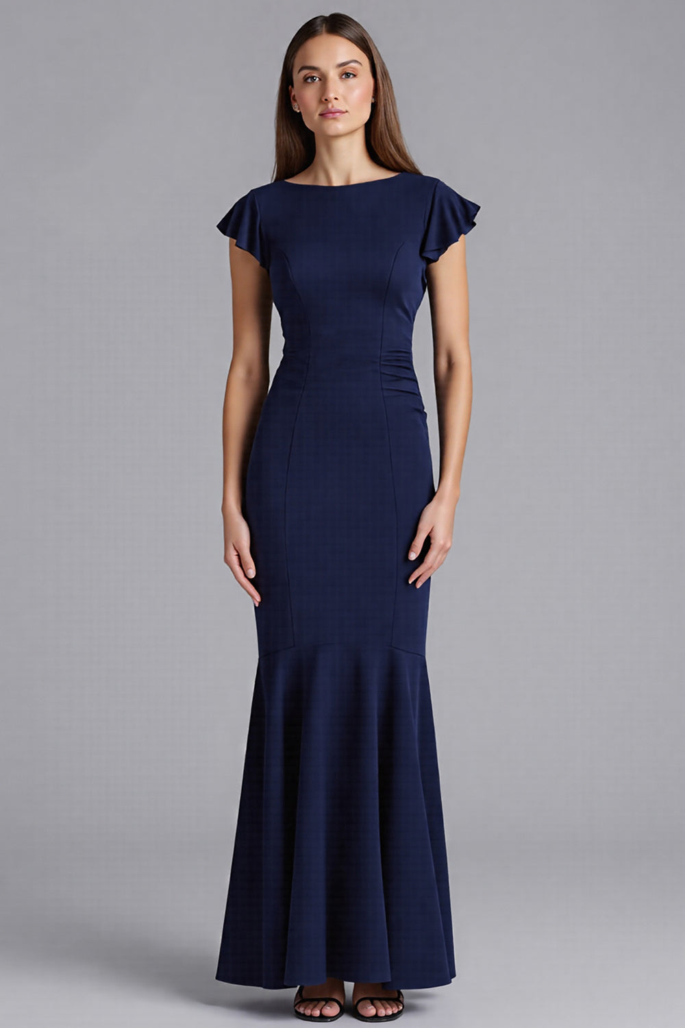 Navy Ruffled Sheath Short Sleeves Satin Long Formal Dress