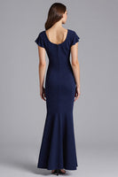 Load image into Gallery viewer, Navy Ruffled Sheath Short Sleeves Satin Long Formal Dress