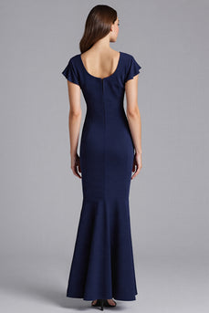 Navy Ruffled Sheath Short Sleeves Satin Long Formal Dress