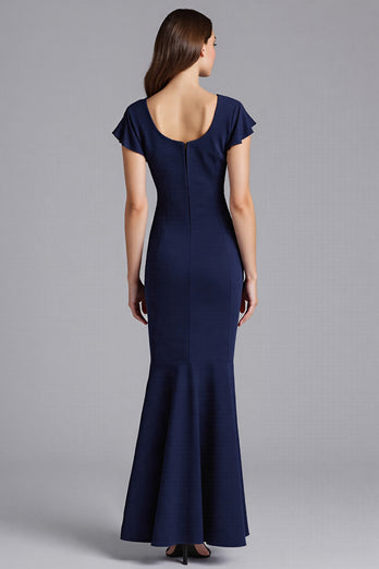 Navy Ruffled Sheath Short Sleeves Satin Long Formal Dress