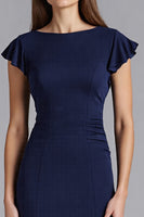 Load image into Gallery viewer, Navy Ruffled Sheath Short Sleeves Satin Long Formal Dress