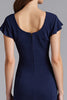 Load image into Gallery viewer, Navy Ruffled Sheath Short Sleeves Satin Long Formal Dress