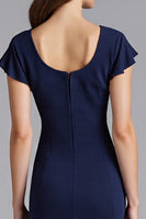 Load image into Gallery viewer, Navy Ruffled Sheath Short Sleeves Satin Long Formal Dress