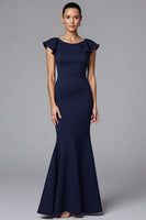 Load image into Gallery viewer, Elegant Navy Sheath Satin Long Formal Dress with Ruffles