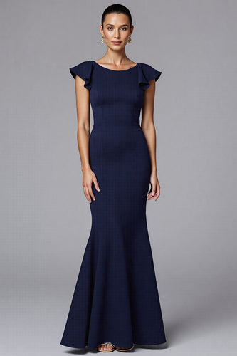 Elegant Navy Sheath Satin Long Formal Dress with Ruffles