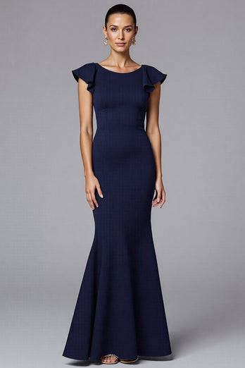 Elegant Navy Sheath Satin Long Formal Dress with Ruffles