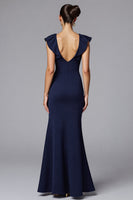 Load image into Gallery viewer, Elegant Navy Sheath Satin Long Formal Dress with Ruffles