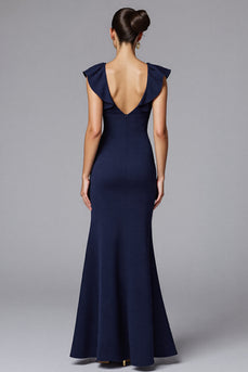 Elegant Navy Sheath Satin Long Formal Dress with Ruffles