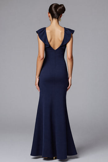 Elegant Navy Sheath Satin Long Formal Dress with Ruffles