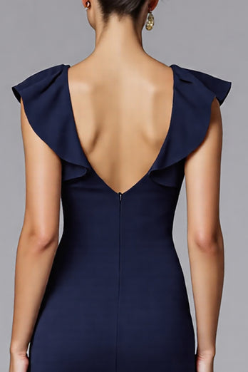 Elegant Navy Sheath Satin Long Formal Dress with Ruffles