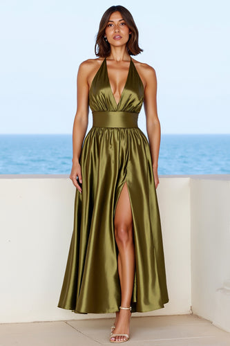 Olive A Line Halter Satin Backless Long Formal Dress with Slit