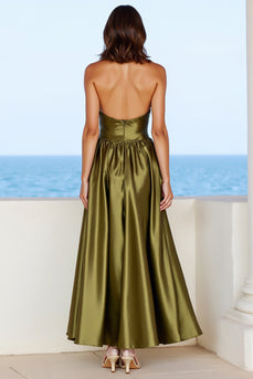 Olive A Line Halter Satin Backless Long Formal Dress with Slit