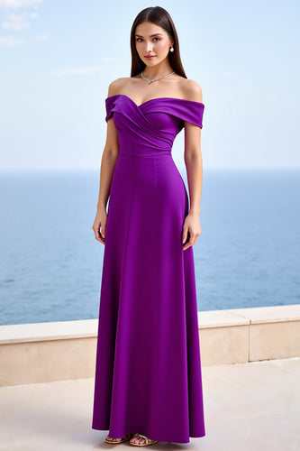 Plum Off the Shoulder Satin Sheath Ruched Long Formal Dress