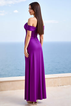 Plum Off the Shoulder Satin Sheath Ruched Long Formal Dress