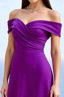 Load image into Gallery viewer, Plum Off the Shoulder Satin Sheath Ruched Long Formal Dress