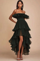 Load image into Gallery viewer, Queendancer Women Dark Green A Line Long Formal Dress with Ruffles Tulle Strapless Ruched Tiered A Line High-Low Evening Dress
