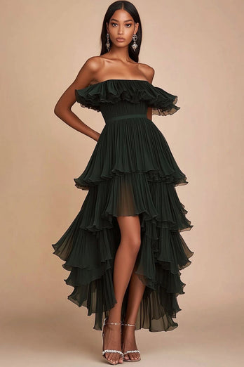 Dark Green A Line Strapless Tiered Long Formal Dress