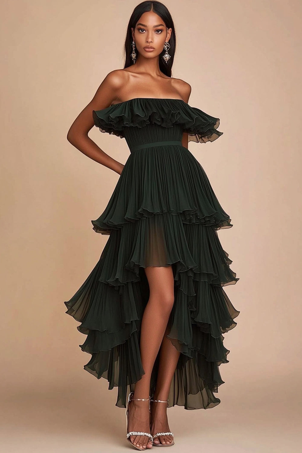 Dark Green A Line Strapless Tiered Long Formal Dress