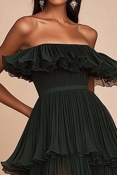 Dark Green A Line Strapless Tiered Long Formal Dress