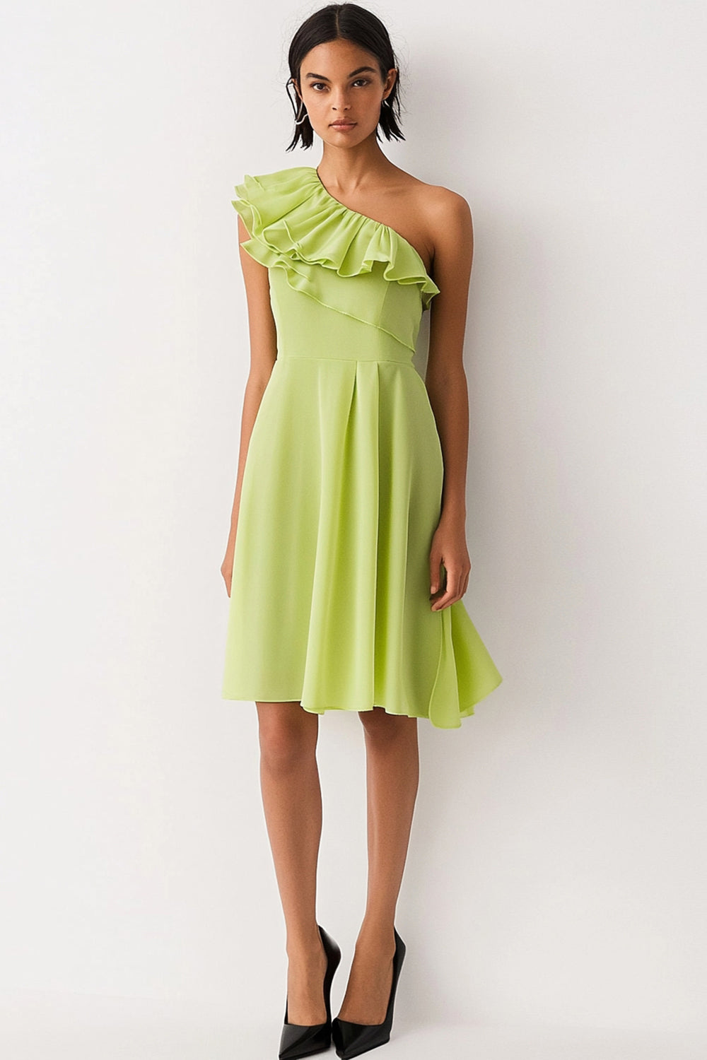 Lemon Green Chiffon A Line One Shoulder Short Work Dress
