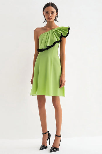 Lemon Green A Line One Shoulder Chiffon Short Work Dress