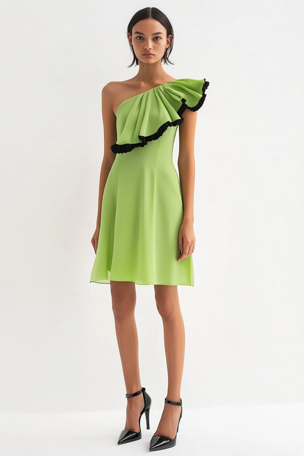 Lemon Green A Line One Shoulder Chiffon Short Work Dress