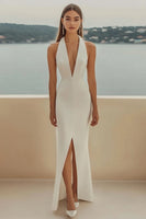 Load image into Gallery viewer, Ivory Sheath Satin Halter Long Formal Dress with Slit