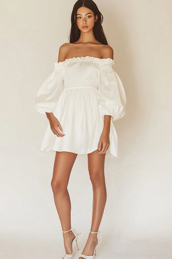 Ivory Satin Puff Sleeves Short Graduation Dress with Ruffles