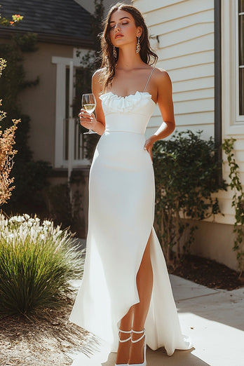 White Satin Long Engagement Dress with Slit
