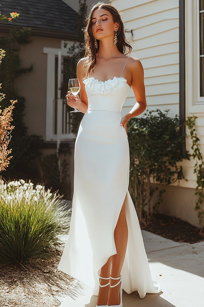 Load image into Gallery viewer, White Satin Long Engagement Dress with Slit