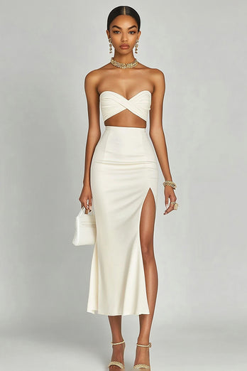 Ivory Two Piece Satin Long Engagement Dress with Slit