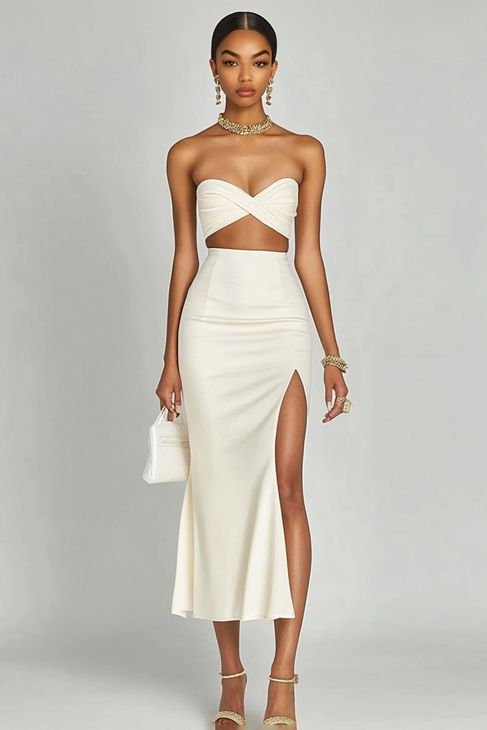 Ivory Two Piece Satin Long Engagement Dress with Slit
