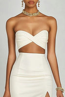 Load image into Gallery viewer, Ivory Two Piece Satin Long Engagement Dress with Slit