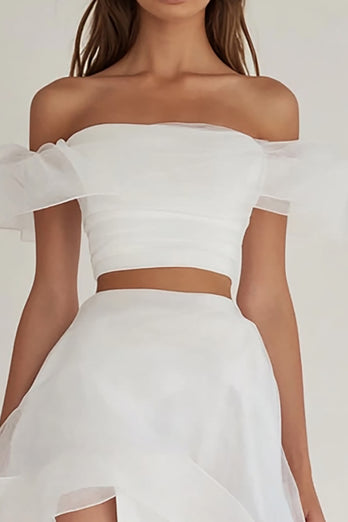 White Two Piece Organza Asymmetrical Engagement Dress with Slit