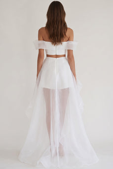 White 2 Piece Organza Asymmetrical Engagement Dress with Slit