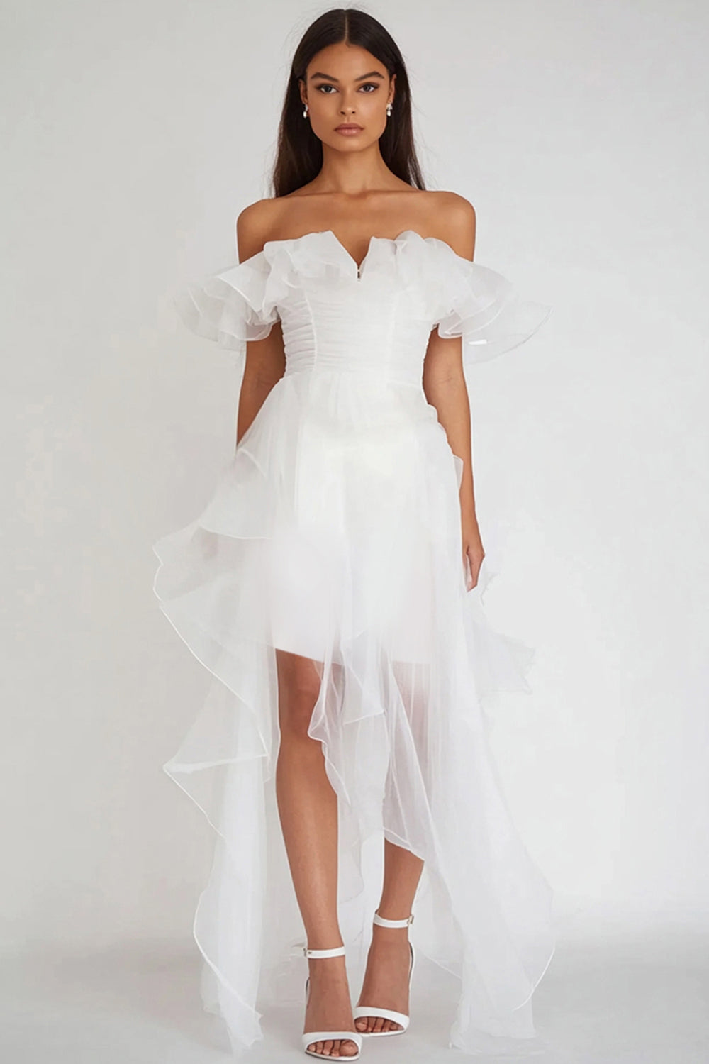 White Organza High-Low Graduation Dress with Ruffles