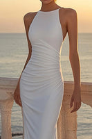Load image into Gallery viewer, White Satin Round Neck Ruched Mermaid Boho Wedding Dress