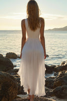 Load image into Gallery viewer, White Chiffon High-Low V Neck A Line Boho Dress