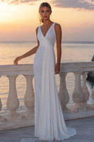 Load image into Gallery viewer, White Chiffon V Neck Sheath Boho Wedding Dress with Pleats