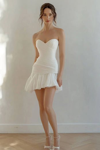 White Sweetheart Short Graduation Dress with Pleats