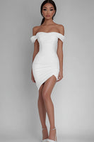 Load image into Gallery viewer, White Satin Off The Shoulder Ruched Short Bodycon Graduation Dress