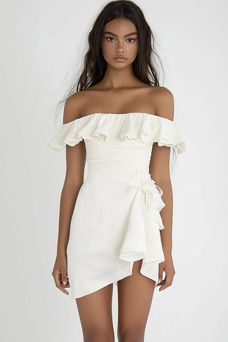 Ivory Off The Shoulder Short Bodycon Graduation Dress with Ruffles
