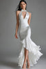 Load image into Gallery viewer, White Satin High Neck High-Low Mermaid Engagement Dress