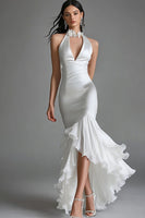 Load image into Gallery viewer, White Satin High Neck High-Low Mermaid Engagement Dress